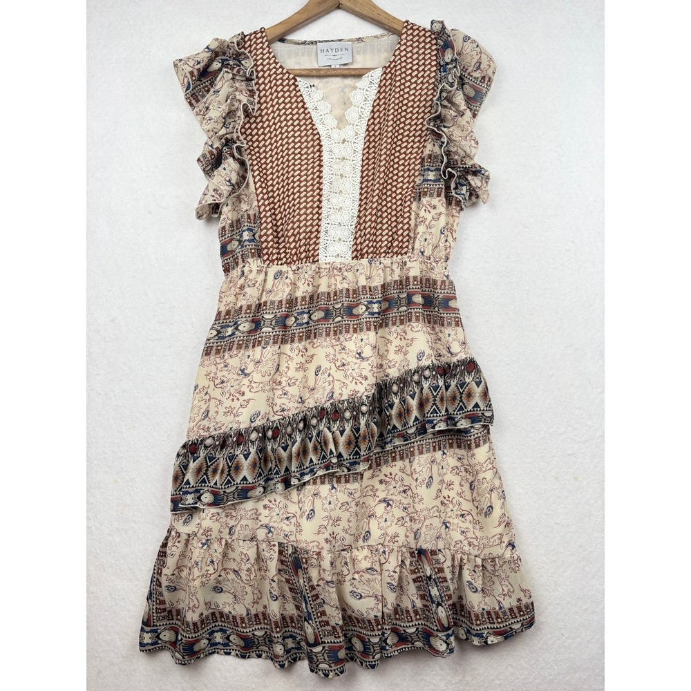 Hayden Los Angeles Dress Womens S Mixed Print Lace Tiered‎ Ruffle Boho